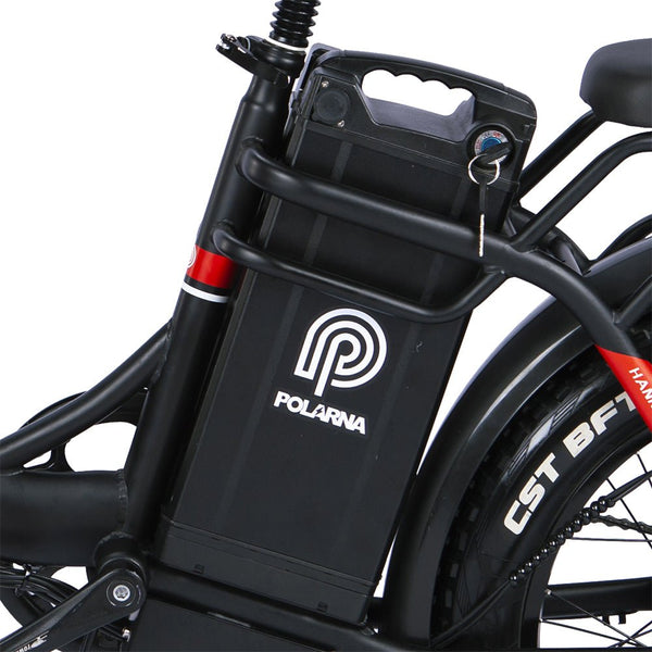 Ploarna electric bike battery mounted on frame with removable design, featuring smart battery management system.