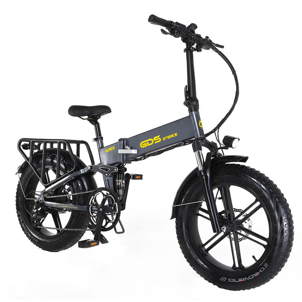 Foldable electric mountain bike 750W in gray with thick tires and a sturdy frame, ideal for rugged terrain.