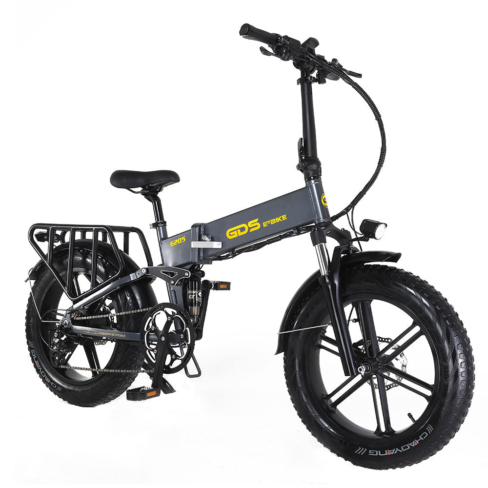 Foldable electric mountain bike 750W in gray with thick tires and a sturdy frame, ideal for rugged terrain.